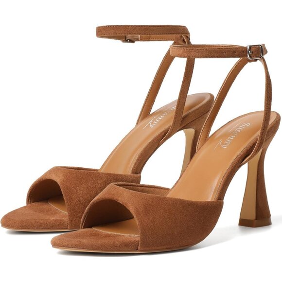 Shoes - Women's Open Toe Strappy Block Ankle Strap Hight Heeled Sandals Dark Brown Shoes